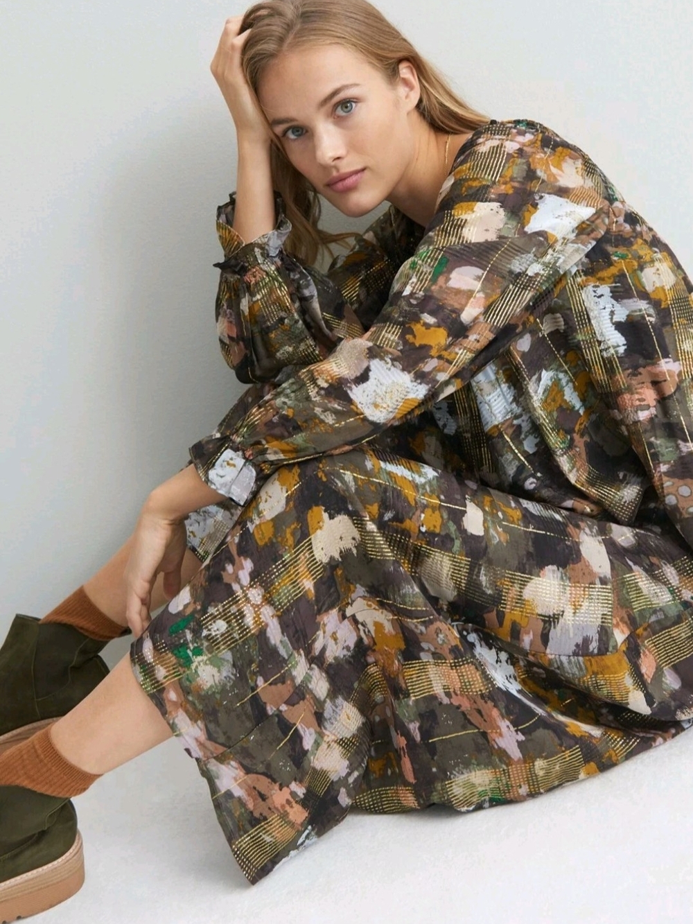 Anthropologie Blair Shimmer Maxi Dress L Gold Metallic Abstract Print Lined - Picture 13 of 14